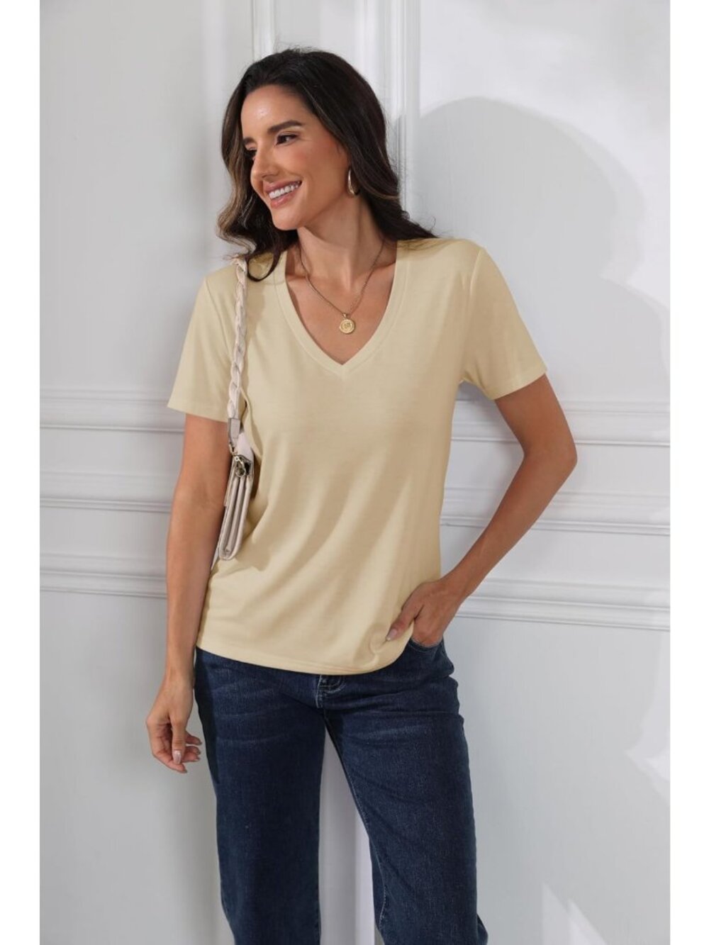Classic Fit Short Sleeve V Neck Casual Tee - Women's Summer Top, Everyday - Picture 5 of 8